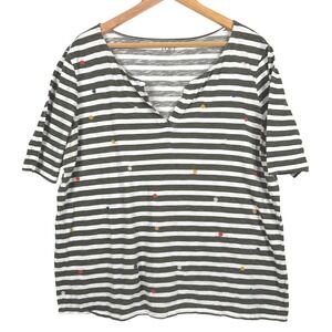 LOFT T-Shirt Women XXL Green Striped Polka Dot V-Neck Short Sleeve Cotton Top